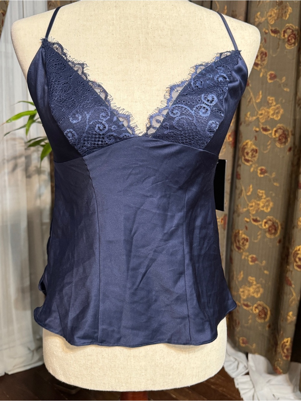 Silk-Feel Navy Lace Trim Cami Top